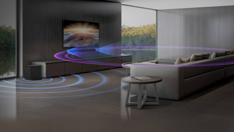 Klipsch Cinema 400 in a living room setting with a depiction of sound waves Desktop