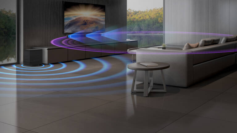 Klipsch Cinema 600 in a living room setting with a depiction of sound waves Desktop