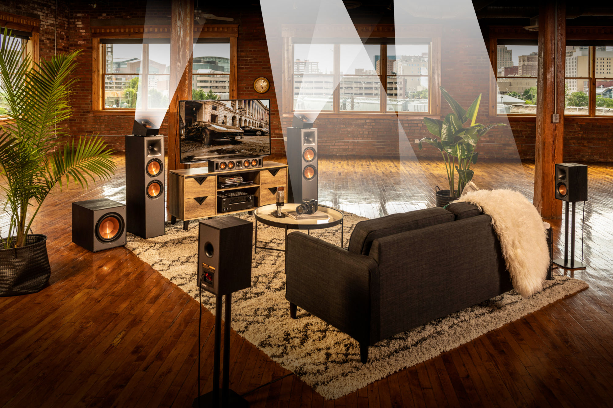 Klipsch speaker system with tv in living room